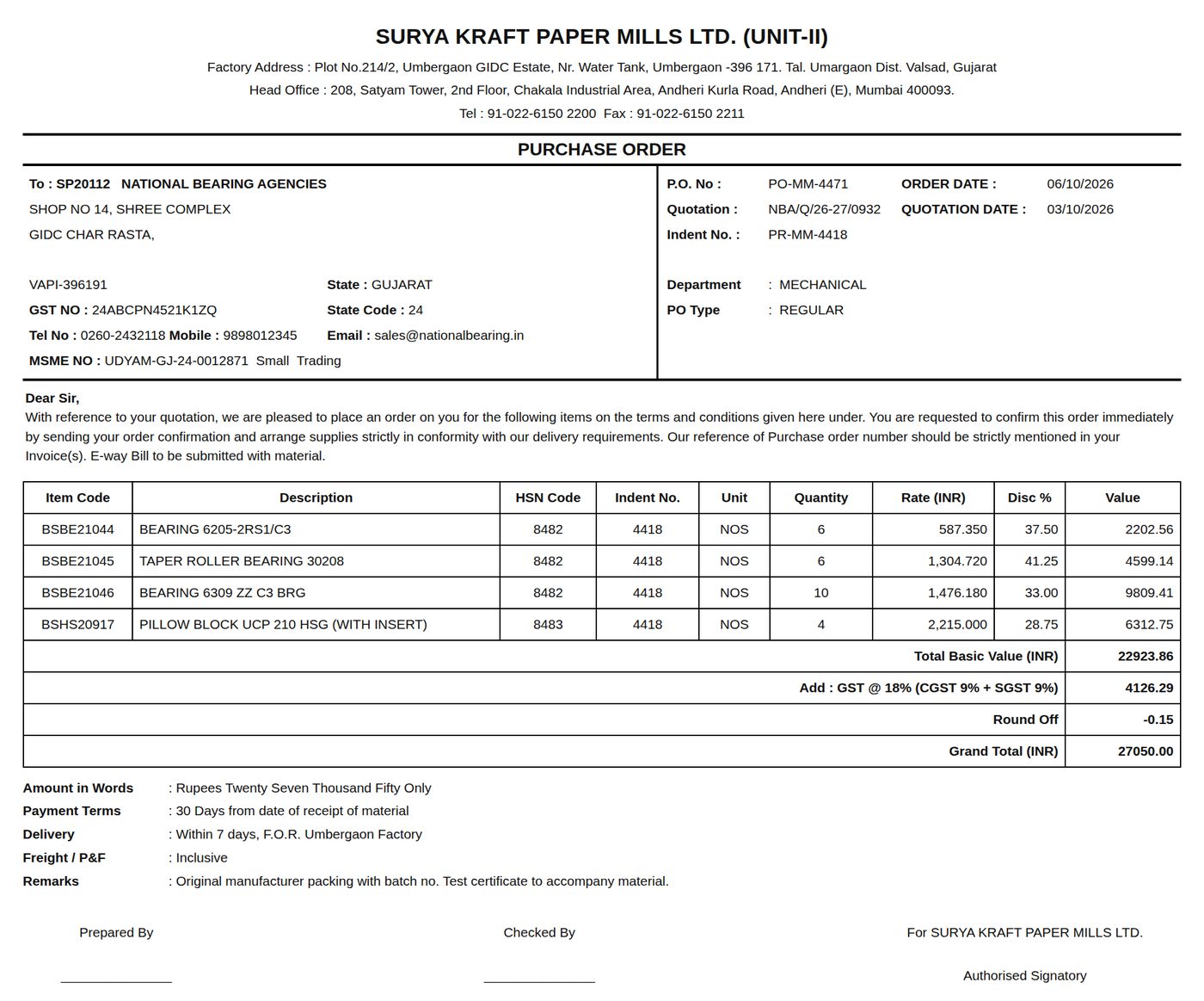 The purchase order as it arrived: a printed form from Surya Kraft Paper Mills listing four bearing lines with item codes, HSN codes, quantities and rates, totalling 27,050 rupees including GST.
